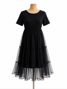 Black Tulle Midi Dress Layered Mesh Skirt Short Sleeve Romantic A-Line Dress Siz